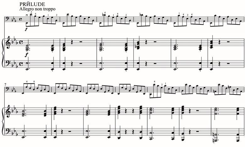 　例3：巴赫大提琴组曲前奏曲的开场。4舒曼钢琴伴奏