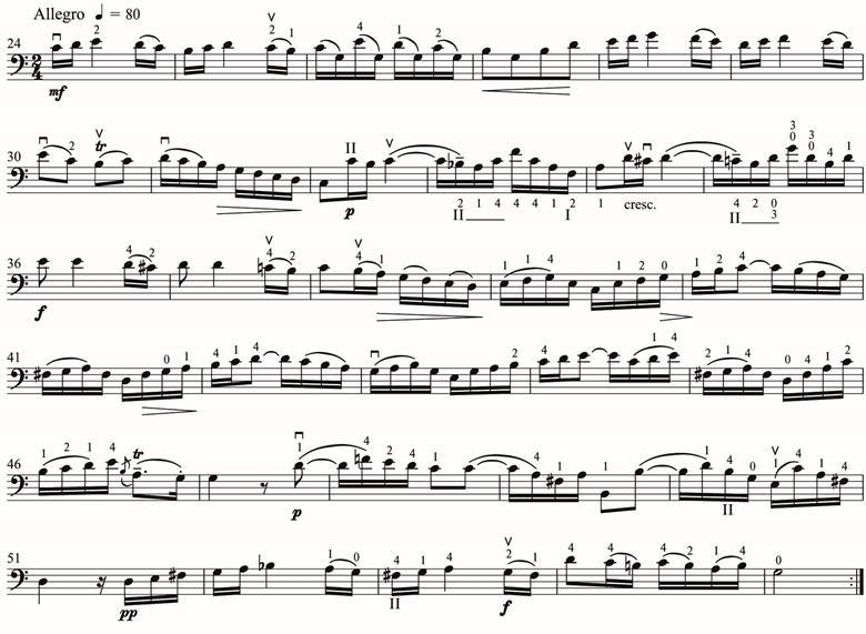 示例2：巴赫中提琴da Gamba奏鸣曲no.2 BWV 1028，第二乐章快板，编曲。Stuart Sankey用于低音提琴，Leon Bosch的指法和弓法