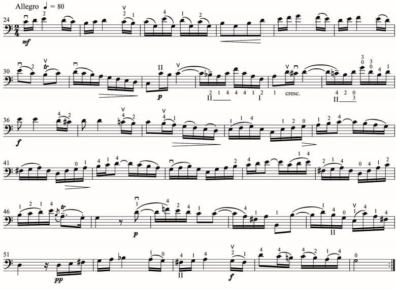 示例2：巴赫中提琴da Gamba奏鸣曲no.2 BWV 1028，第二乐章快板，编曲。Stuart Sankey用于低音提琴，Leon Bosch的指法和弓法